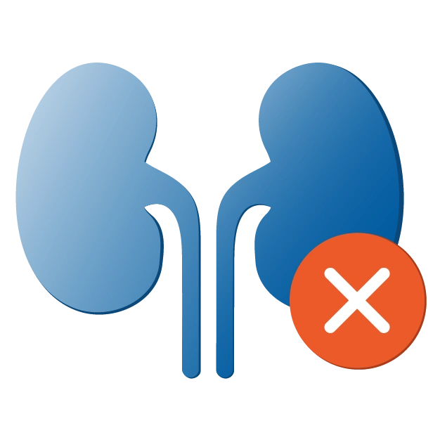 Icon of kidneys with an X over the right-side kidney